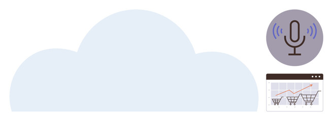 Cloud structure with a microphone for voice tech and e-commerce graph showing sales trends. Ideal for technology, cloud computing, analytics, e-commerce, voice assistant, data analysis, digital