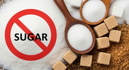 Anti-sugar concept with a red prohibition sign over white and brown sugar. Healthy lifestyle, diet control and nutrition awareness, ideal for wellness articles and health campaigns