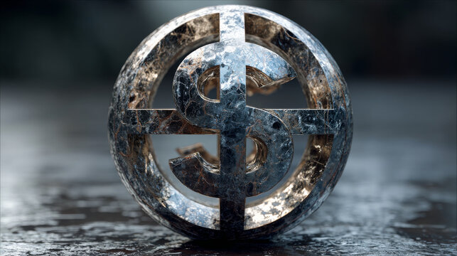 Metallic dollar symbol encased in circular frame, reflecting light on textured surface, symbolizes financial stability