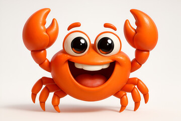 Cheerful cartoon crab character with big smile and raised claws isolated on transparent background