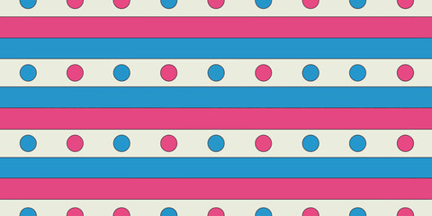 Pattern of alternating pink and blue stripes with alternating pink and blue circles on white space