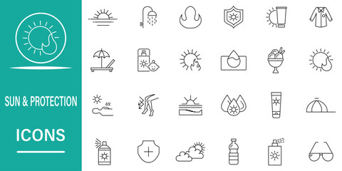 Sun & protection line icon set. Contains icons sunglasses, umbrella, sunburn, sun hat, sunscreen, ultraviolet, skin care, safety, SPF protection and more outline symbol collection. eps 10