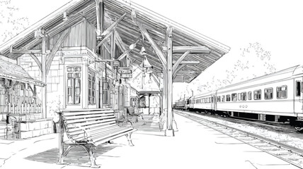 Fototapeta premium Modern Train Station Illustration with Train and Passengers Traveling