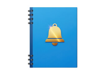 Golden bell icon on a blue notebook isolated on white background