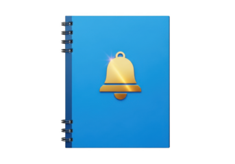 Golden bell icon on a blue notebook isolated on white background