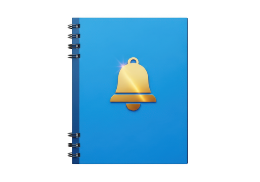 Golden bell icon on a blue notebook isolated on white background