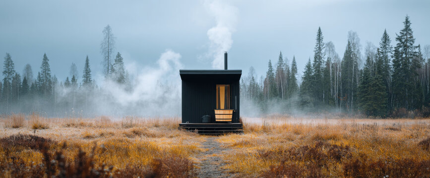 Small modern cabin with warm light in misty autumn forest clearing surrounded by tall pine and birch trees under overcast sky