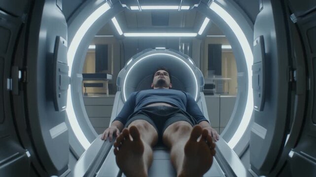 Man in futuristic medical pod for health scan or cryogenic sleep in a sci-fi setting.