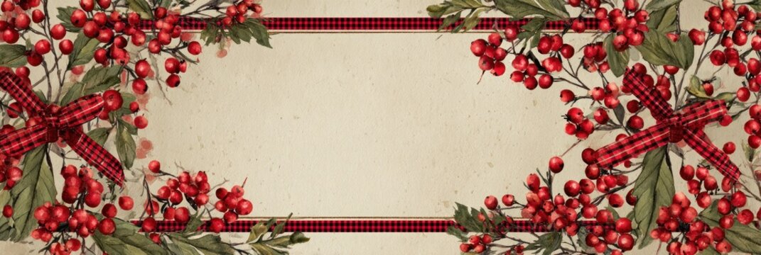 Festive Holiday Frame with Berries and Ribbons for Greetings.