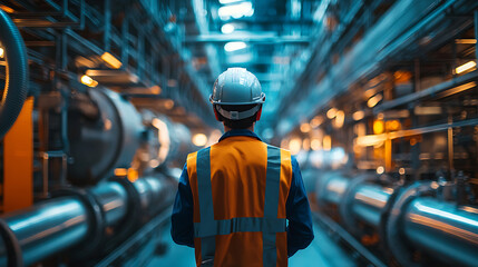 Industrial worker in hard hat and safety vest walks through a factory with pipes