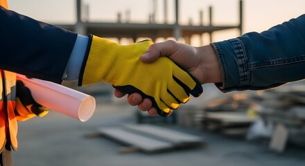 Construction deal sealed handshake signifies partnership on new building site symbolizing trust and successful collaboration for future growth