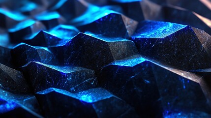 Abstract geometric pattern of dark blue polygonal shapes with a reflective metallic surface, creating a modern and futuristic texture.