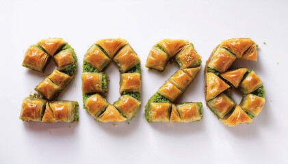 Writing the Year 2026 with Turkish Pistachio Baklava, 2026 Baklava Typography on White Background &ndash; Gourmet Dessert Art with Rich Pistachio Texture.