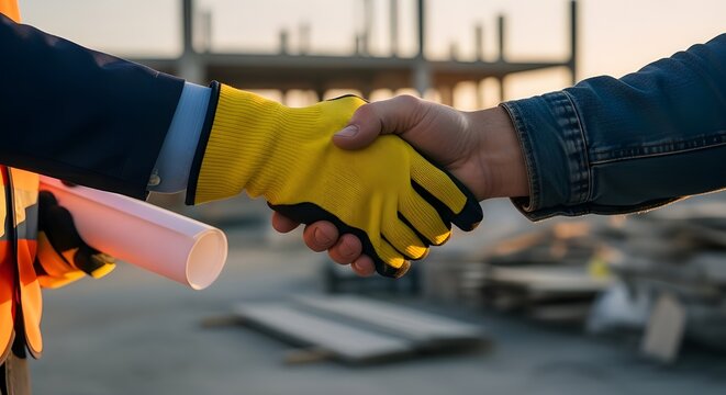 Construction deal sealed handshake signifies partnership on new building site symbolizing trust and successful collaboration for future growth
