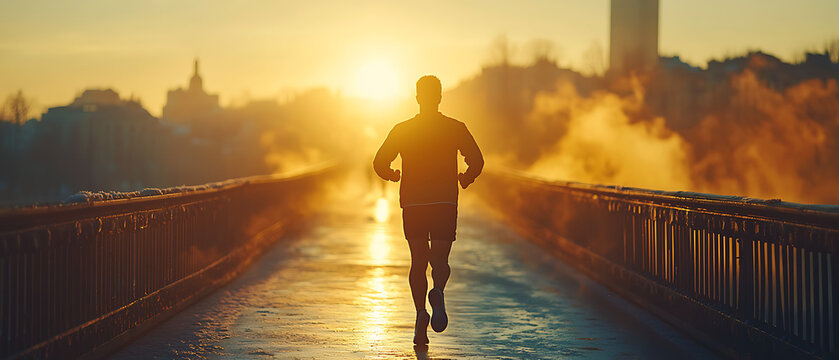 Silhouette of a person running on a bridge at sunrise with golden light and mist