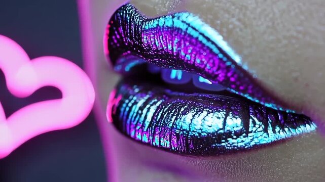 Neon UV close-up of metallic lips with purple-blue lighting and glowing hearts, disco vibe.