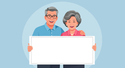 Senior couple holding a blank white sign, smiling, and wearing casual clothing.