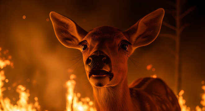 Close-up portrait of deer with flames surrounding it. Animal facing intense wildfire in forest. Nature conservation and environmental disaster concept for wildlife survival awareness