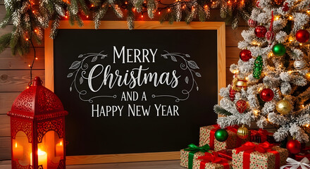 Merry christmas and happy new year message on a blackboard surrounded by festive decorations including a tree and lantern