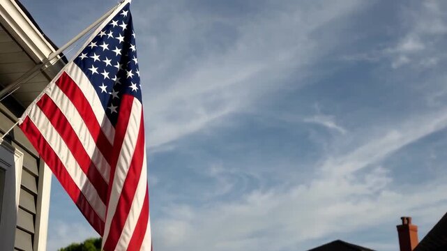 American flag on corner of residential house in sunlight with blurred background.