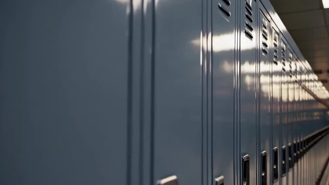 Row of high school lockers in a dimly lit corridor.