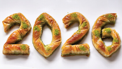 Writing the Year 2026 with Turkish Pistachio Baklava, 2026 Baklava Typography on White Background &ndash; Gourmet Dessert Art with Rich Pistachio Texture.