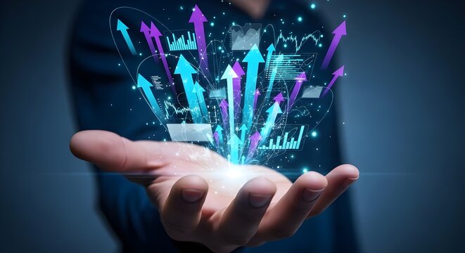 Empresario sosteniendo un gr?fico de crecimiento del negocio.
 Negocio exitoso, estrategia de crecimiento y logro de objetivos con la flecha ascendente.
 Desarrollo de estrategia de negocio y plan de