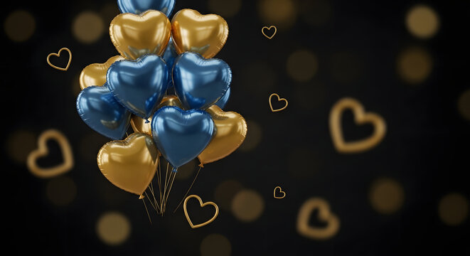 A cluster of blue and gold heart shaped balloons floating against a dark background with bokeh hearts