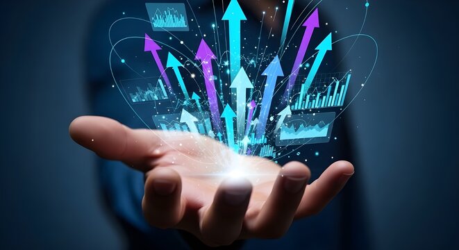 Empresario sosteniendo un gr?fico de crecimiento del negocio.
 Negocio exitoso, estrategia de crecimiento y logro de objetivos con la flecha ascendente.
 Desarrollo de estrategia de negocio y plan de