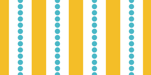A repeating pattern of yellow and white stripes with blue dots arranged in vertical lines on the white