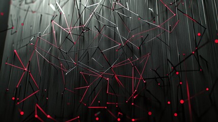 Abstract geometric network with red and black lines and nodes on a dark background, creating a dynamic digital web effect