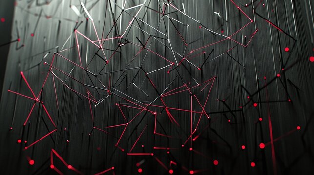 Abstract geometric network with red and black lines and nodes on a dark background, creating a dynamic digital web effect - Powered by Adobe