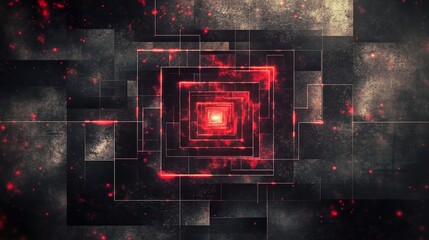 Abstract digital artwork with glowing red neon spirals and geometric shapes creating a futuristic and dynamic visual effect