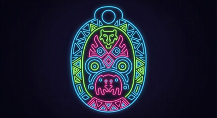 Naklejka premium Intricate tribal amulet design glows with vibrant neon illumination against a dark background