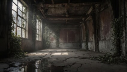 Abandoned Warehouse Interior with Natural Light and Vegetation.