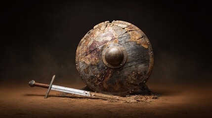 hilt. Still life of dented medieval shield and bent sword on barren ground. event programs, museum guides, designed for cultural heritage projects and event programs, elevates cultural identity.