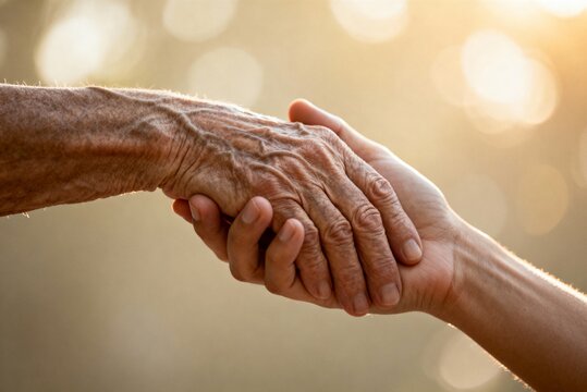 Close-up of elderly and young hands symbolizing care and trust. Warm cinematic lighting. Perfect for life insurance, healthcare, banking ads, and retirement planning. High resolution 8K quality.