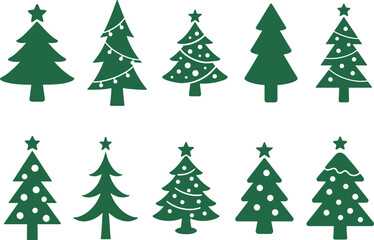 Bold silhouette Christmas tree icon set perfect for holiday decor, winter themes, and branding.