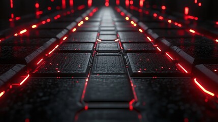 Futuristic dark corridor with glowing red lights along a metallic path creating a cyberpunk atmosphere and a sense of depth and mystery.