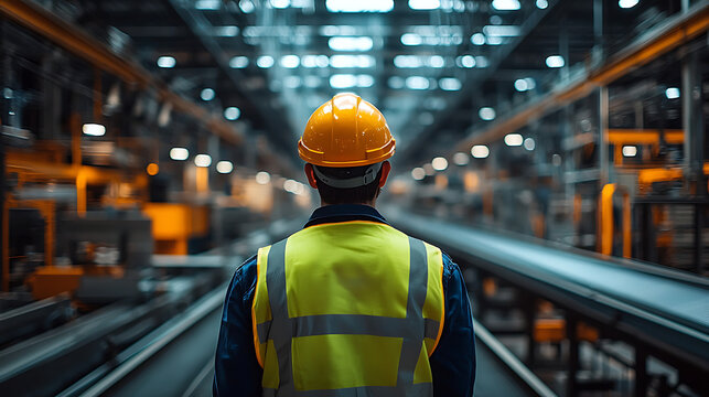 Worker in hard hat and safety vest walks down factory aisle with blurred machinery - Powered by Adobe