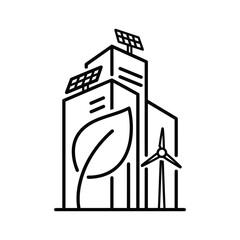 Sustainable building with solar panel and wind turbine isolated on