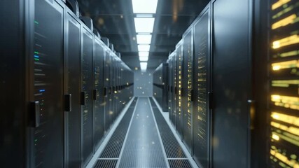A futuristic server room with rows of glowing computer racks and digital data streams flowing through the aisle. - Powered by Adobe