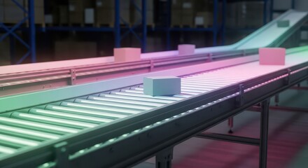 Automated roller conveyor system transports packages within a dimly lit industrial facility