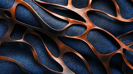 Abstract Artistic Composition with Flowing Copper Shapes on Textured Blue Background, Creating a Dynamic High-Contrast Visual Effect