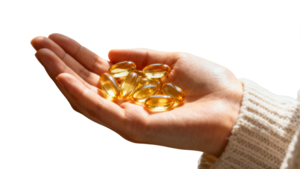 Human hand holding a group of golden softgel capsules, perfect for supplement, vitamin, medicine, or wellness concepts. Transparent background, png.