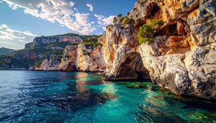 A scenic view of a rocky coastline with clear turquoise water, featuring a prominent sea cave and lush green vegetation on the cliffs.