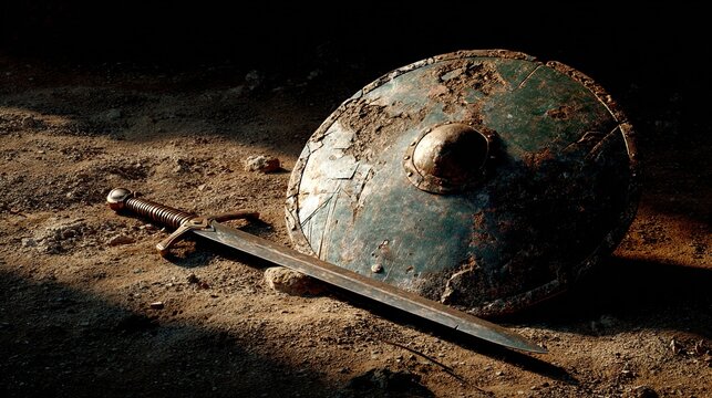 hilt. Still life of dented medieval shield and bent sword on barren ground. event programs, museum guides, designed for cultural heritage projects and event programs, elevates cultural identity.
