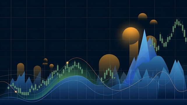 Technical financial graph showing steady upward momentum with highlighted data points and modern digital styling