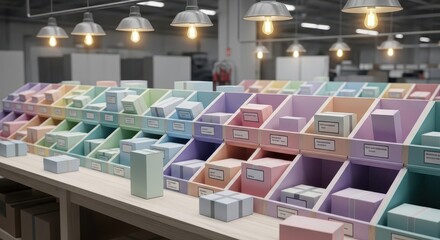 Organized shelving units hold numerous small packages in a brightly lit industrial workspace