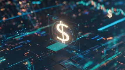 Digital dollar symbol glowing on a futuristic circuit board with abstract data streams in the background. - Powered by Adobe